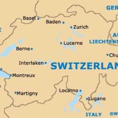 図1　スイス全体の地図。バーゼルはスイス北部でドイツやフランスと国境を分ける地域です。©World Guides