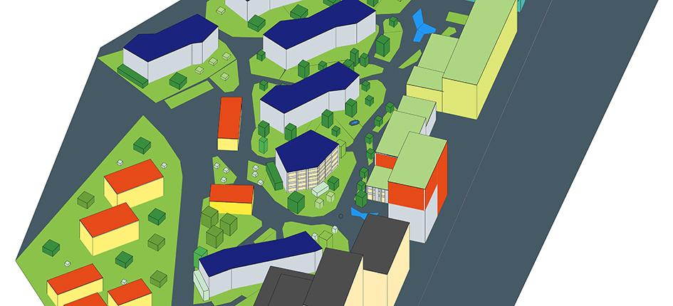 Ausschnitt eines Quartiers in Anlehnung an die Suurstoffi mit Gebäuden, Strassen, Wegen, Grün- und Wasserflächen sowie Bäumen als 3D-Modell. Bild: HSLU