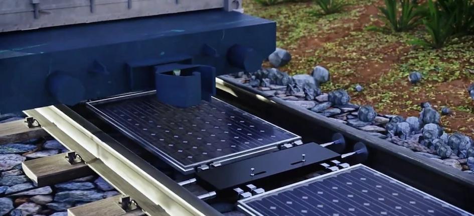 Les panneaux photovoltaïques peuvent être installés et retirés mécaniquement entre les rails pour des travaux de maintenance des voies ferroviaires.