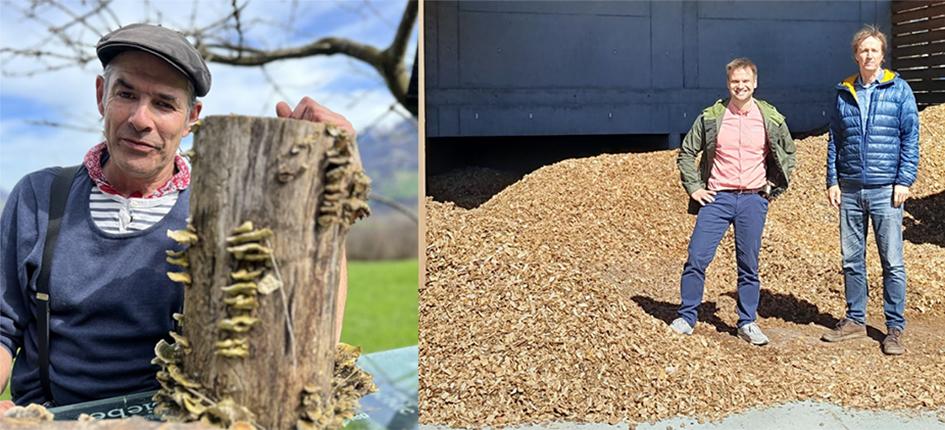 Patrik Mürner with butterfly straws and ephemeral sap spores (left). Benjamin Schmeißer and Sylvan Oehen drying wood chips in the first pyrolysis plant in Luthern (right). Pictures: P. Mürner and eoc energy ocean