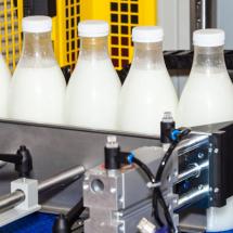 Bottiglie di latte sul nastro di produzione