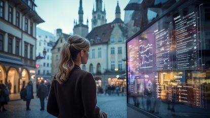 Business Woman interacting with digital stock exchange display in front of wiss old town scenery