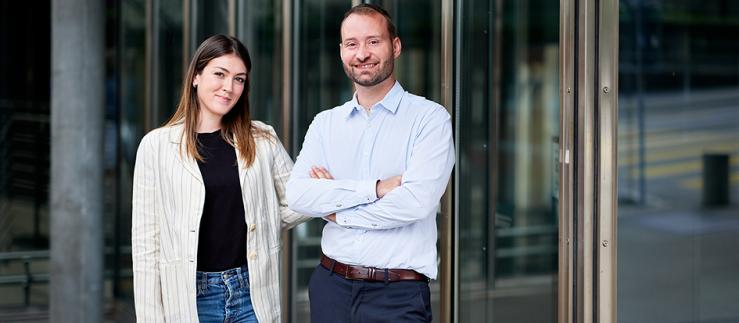 Nanoflex co-founder and CTO Christophe Chautems with Silvia Viviani, robotics engineer at the ETH spin-off. Image credit: Stefan Weiss / ETH Zurich