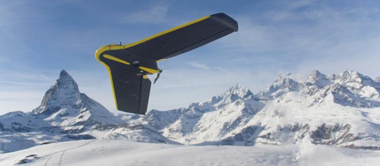 A senseFly drone and the Matterhorn in the background