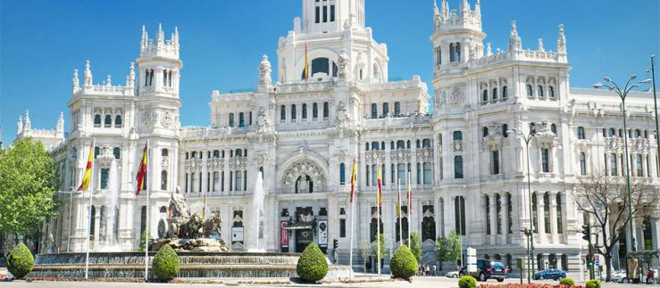 Landmarks Plaza de Cibeles and Palacio de Comunicaciones in Madrid, Spain