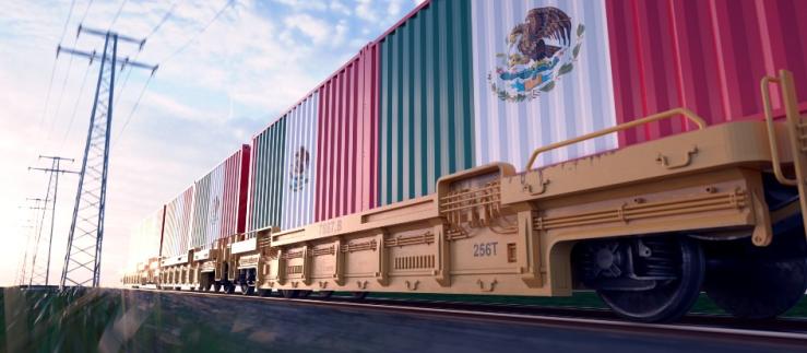 Mexican exports. Freight train with loaded containers in motion.