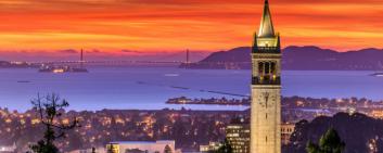 Sather Tower, also known as the Campanile, on the University of California, Berkeley campus, overlooking San Francisco Bay area