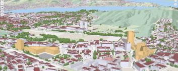 Geplante Bauvorhaben können im 3D-Landschaftsmodell realistisch abgebildet werden, hier am Beispiel von Luzern Süd. Bild: Kanton Luzern