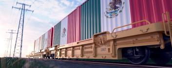 Mexican exports. Freight train with loaded containers in motion.